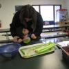 A young boy tilts his face up toward a woman as they take a break from cutting celery.