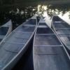 Four canoes rest in water.